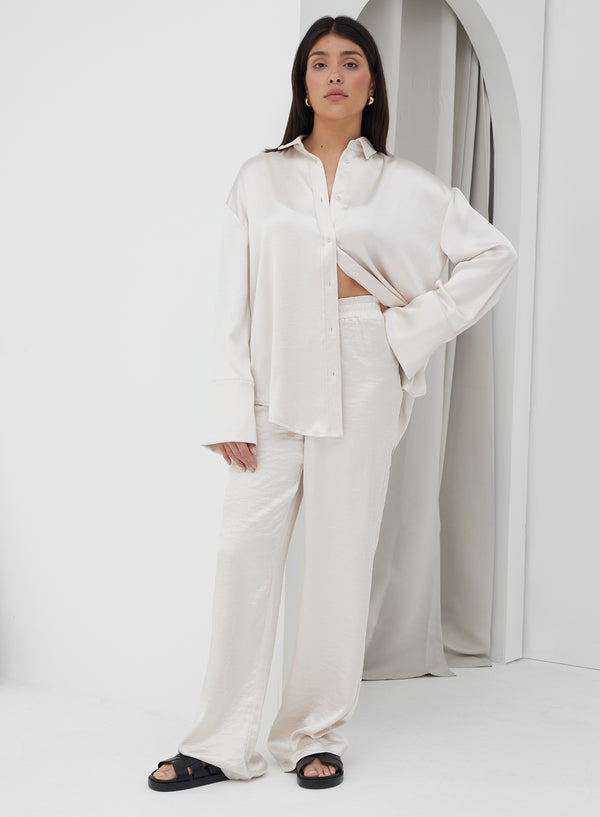 White Satin Wide Leg Trousers | Trousers | Femme Luxe